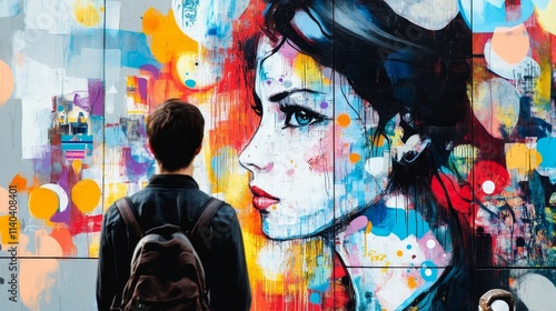 Young Man Gazing at Colorful Urban Mural Art Depicting Woman with Bold Features and Vibrant Colors