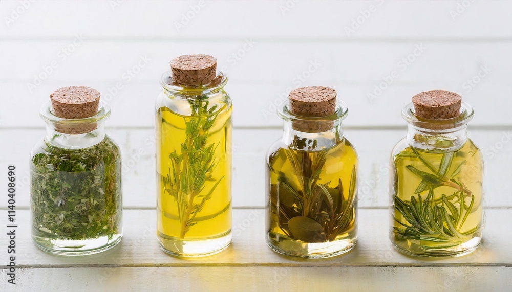 Aromatic Herb Infused Oils in Glass Bottles on White Wood Aromatic Herb Infused Oils in Glass Bottles on White Wood