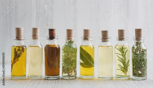 Aromatic Herb Infused Oils in Glass Bottles on White Wood photo