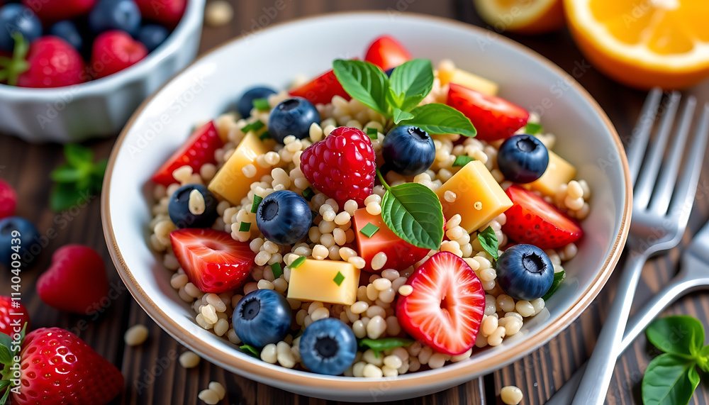 Fruity Quinoa Salad - A light salad made with quinoa mixed berries and a citrus dressing. background copyspace Fruity Quinoa Salad - A light salad made with quinoa mixed berries and a citrus dressing. background copyspace