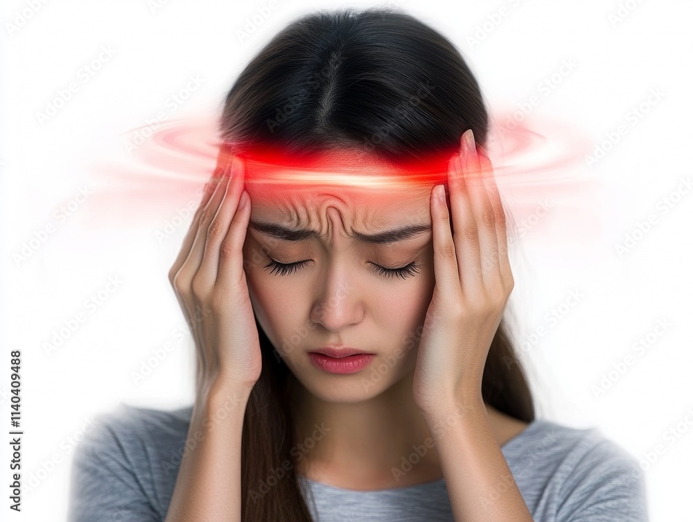 Fototapeta premium Dizzy Asian Woman Holding Head – Headache or Vertigo Symptoms