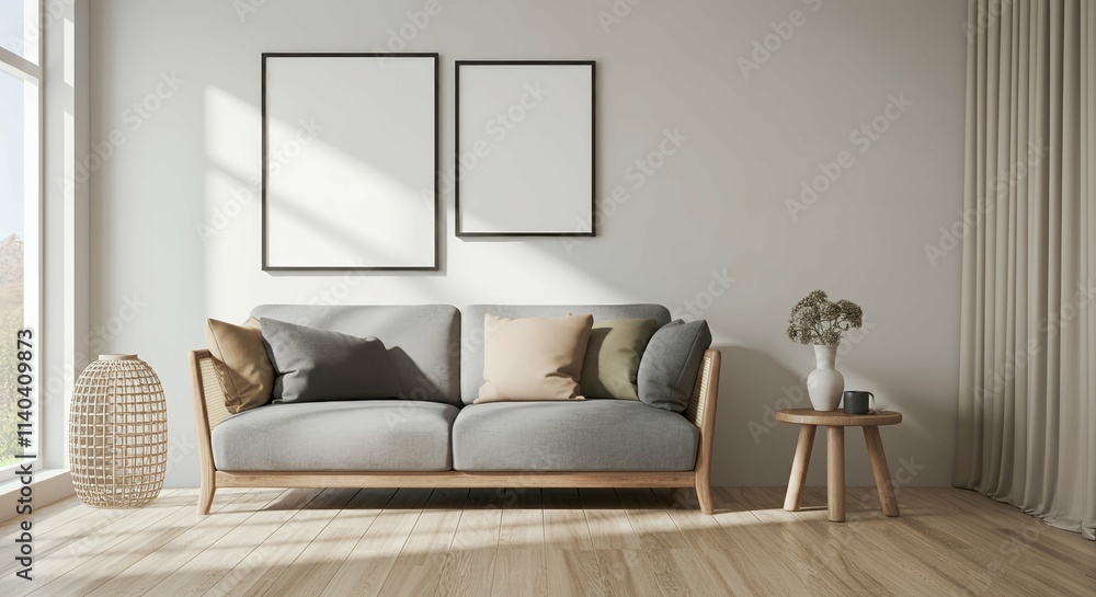 Fototapeta premium Living interior room with blank rectangular photo frames on the wall 3d illustration mock-up template.