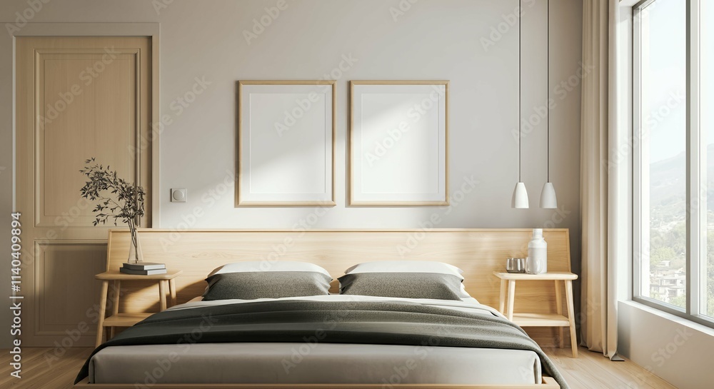 A bedroom interior room with blank rectangular photo frames on the wall 3d illustration mock-up template. A bedroom interior room with blank rectangular photo frames on the wall 3d illustration mock-up template.