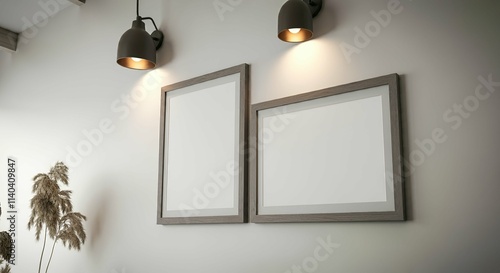An interior room with blank rectangular photo frames on the wall 3d illustration mock-up template.