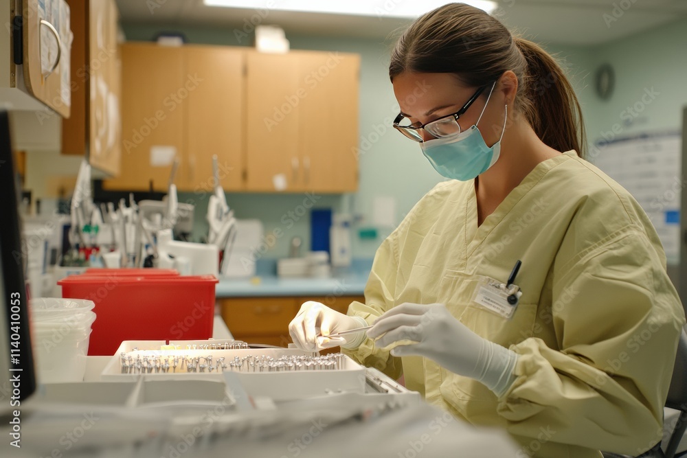 A dental assistant organizing orthodontic tools in a sterile environment. A dental assistant organizing orthodontic tools in a sterile environment.