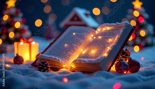 Santa's Book of Wishes - A giant glowing book listing Christmas wishes from around the world. background copyspace