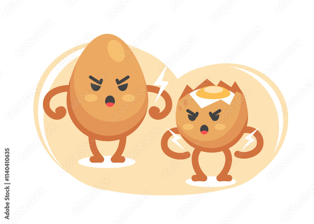 Emotion of anger of the character egg whole and broken in a cute cartoon funny flat style. Emotion of anger of the character egg whole and broken in a cute cartoon funny flat style.