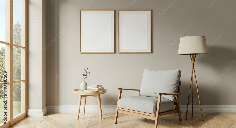 A modern living room with a sofa against a wall featuring blank poster frames in wooden frame borders 3d illustration template. Empty photo frame mock-up template. A modern living room with a sofa against a wall featuring blank poster frames in wooden frame borders 3d illustration template. Empty photo frame mock-up template.