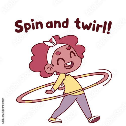 Cheerful girl enjoying hula hoop activity in a playful cartoon style illustration