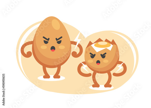 Emotion of anger of the character egg whole and broken in a cute cartoon funny flat style.