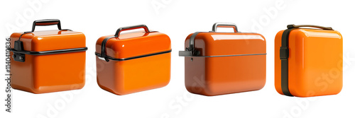 A collection of orange lunchboxes showcasing different angles and designs, highlighting their vibrant color and functional shape. photo