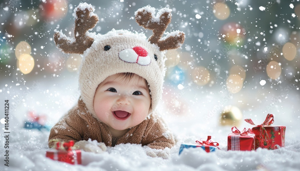 Adorable Baby in Winter Wonderland With Reindeer Hat Surrounded by Christmas Gifts and Falling Snow Adorable Baby in Winter Wonderland With Reindeer Hat Surrounded by Christmas Gifts and Falling Snow
