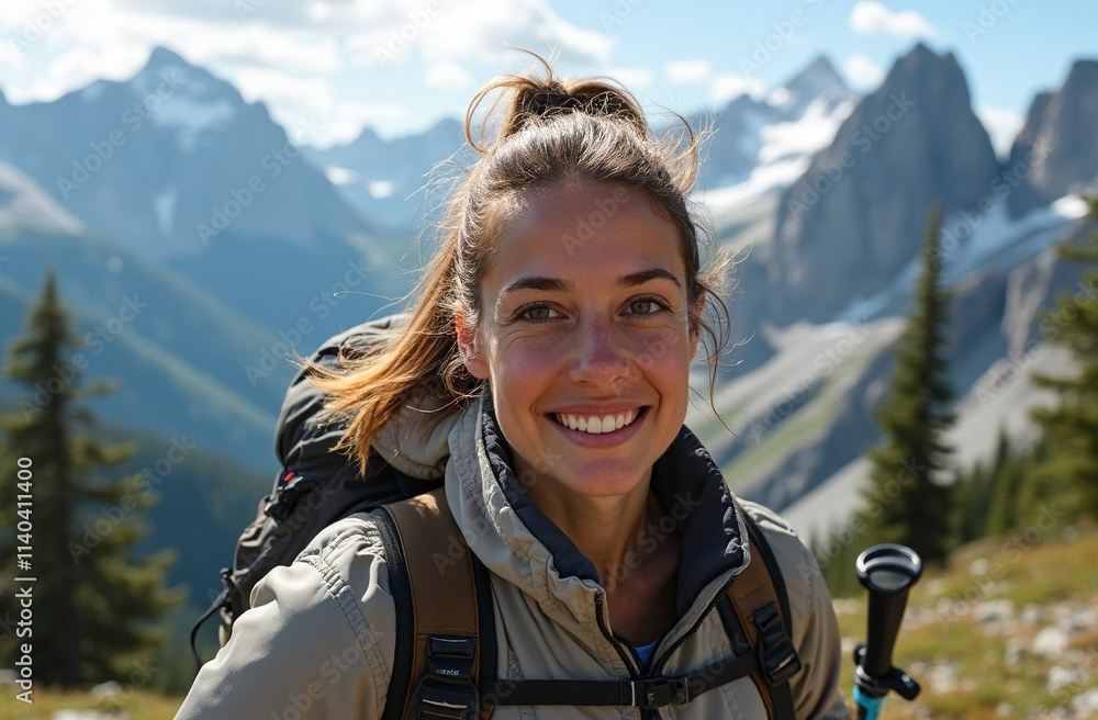A close-up portrait of a woman hiking through the majestic mountains. Her sharp determined black eyes are filled with the thrill of adventure. A close-up portrait of a woman hiking through the majestic mountains. Her sharp determined black eyes are filled with the thrill of adventure.