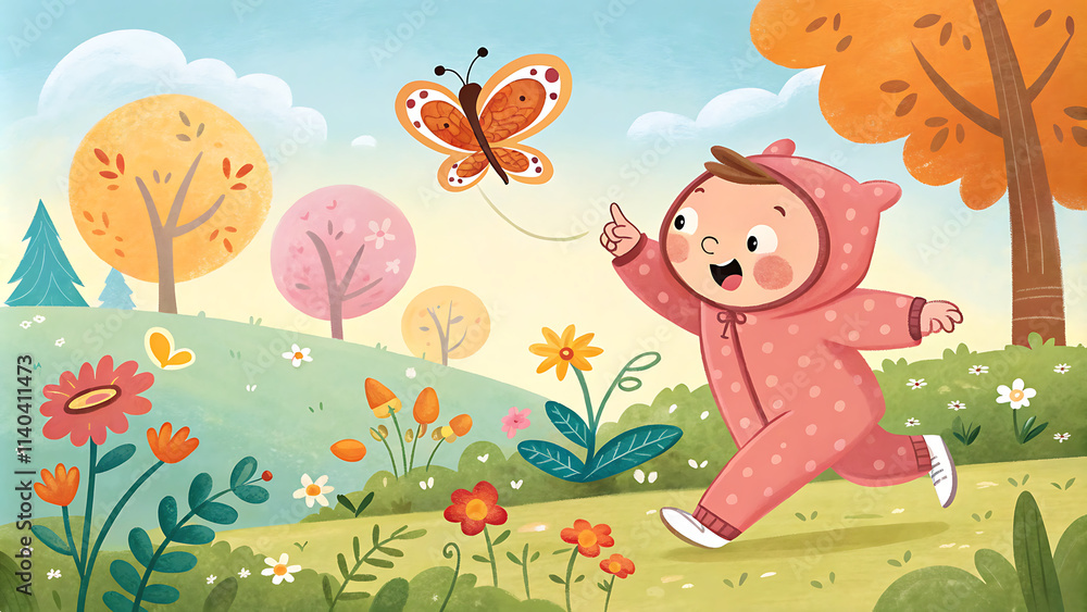 Naklejka premium Baby first steps in a colorful autumn landscape with butterflies