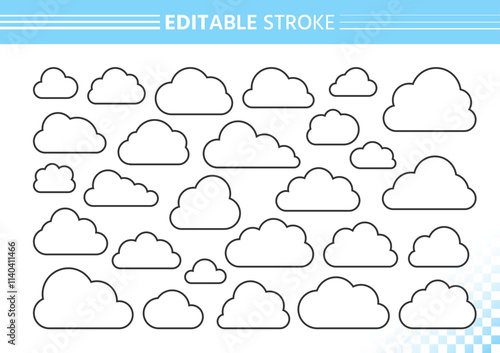 Sky clouds black line set. Simple outline cloud storage with smooth curves, rounded shapes, and clean contours. Editable strokes minimalistic linear puffy icons weather symbols, abstract cumulus