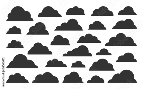 Cloud black silhouette set, puffy various shapes, variety rounded forms with smooth outlines with clear bottom line. Cartoon weather cumulus icon, minimalistic sky symbols, simple cloud storage sign