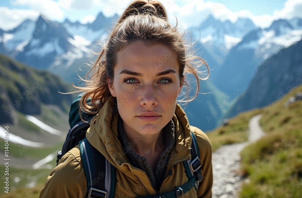 A close-up portrait of a woman hiking through the majestic mountains. Her sharp determined black eyes are filled with the thrill of adventure. A close-up portrait of a woman hiking through the majestic mountains. Her sharp determined black eyes are filled with the thrill of adventure.