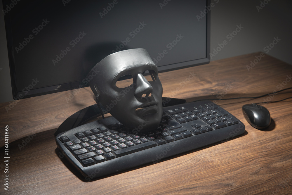 Black mask and computer on the table. Black mask and computer on the table.