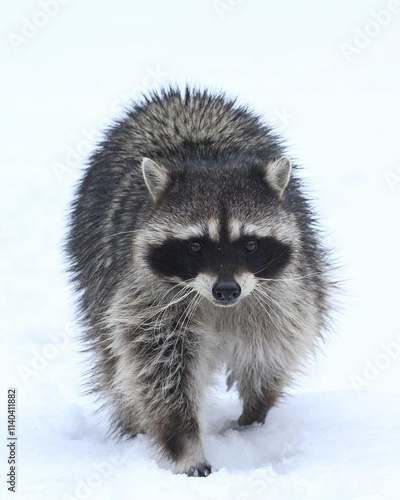 Wallpaper Mural Raccoon trudging through snow, its fur bristled against the cold, eyes locked on the camera in a stark, wintry landscape, ideal for wildlife and nature themes. Torontodigital.ca