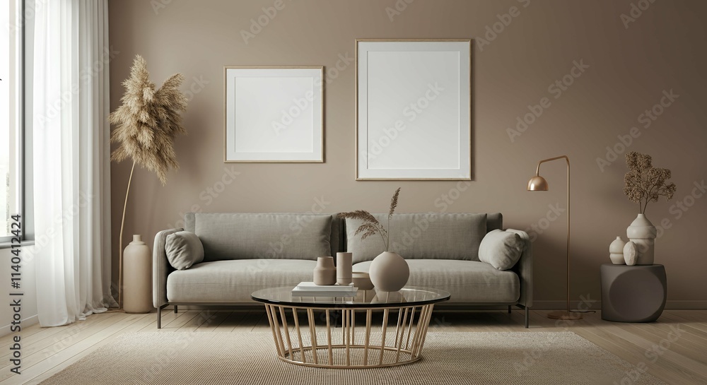 A modern living room with a sofa against a wall featuring blank poster frames in wooden frame borders 3d illustration template. Empty photo frame mock-up template. A modern living room with a sofa against a wall featuring blank poster frames in wooden frame borders 3d illustration template. Empty photo frame mock-up template.