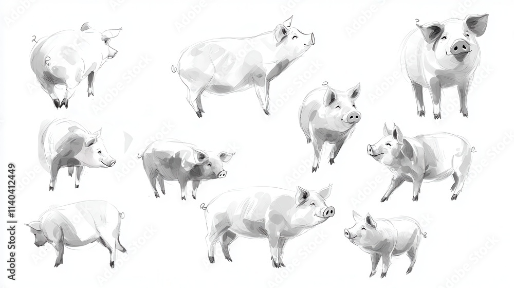 Obraz premium Illustrative Collection of Various Pigs in Different Poses and Perspectives for Artistic and Educational Use