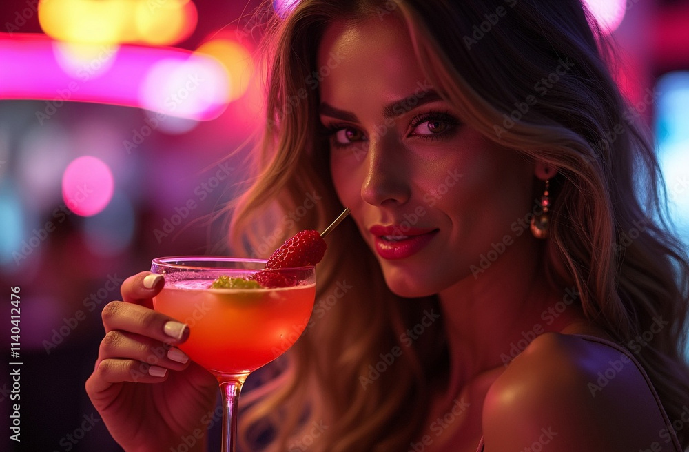 A detailed portrait of a beautiful woman enjoying a delicious cocktail in a lively nightclub. A detailed portrait of a beautiful woman enjoying a delicious cocktail in a lively nightclub.