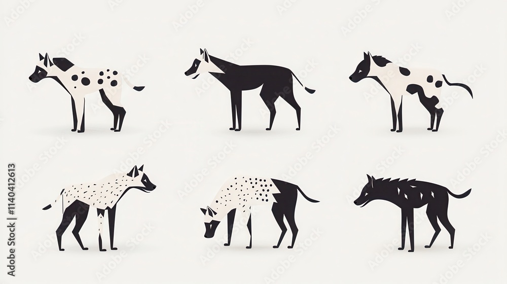 Fototapeta premium Stylized Black and White Animal Illustrations Featuring Various Dog-like Creatures on a Light Background