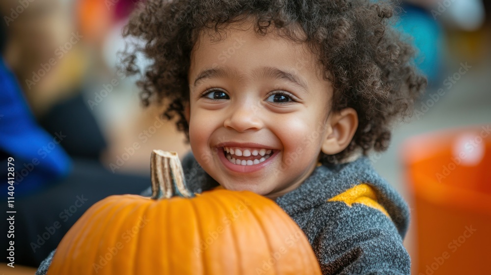 Joyful Child Holding Pumpkin at Halloween Event Joyful Child Holding Pumpkin at Halloween Event