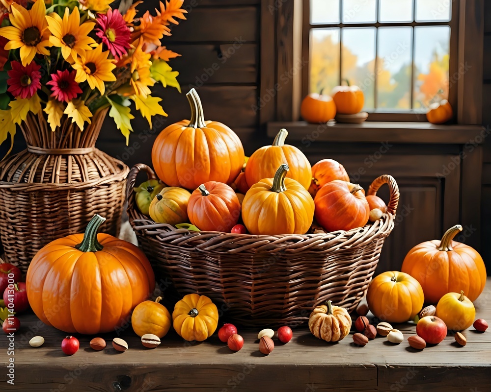 Autumn Harvest Display in a Rustic Wooden Setting. A charming still life featuring a variety of pumpkins and gourds in a wicker basket, alongside fall flowers and apples. Autumn Harvest Display in a Rustic Wooden Setting. A charming still life featuring a variety of pumpkins and gourds in a wicker basket, alongside fall flowers and apples.