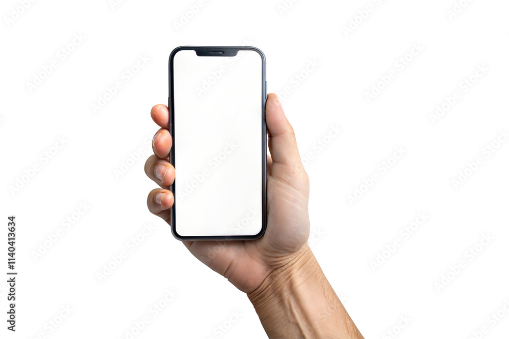 Hand holding a smartphone screen mock up isolated on white background, mobile display blank mockup, transparent PNG Hand holding a smartphone screen mock up isolated on white background, mobile display blank mockup, transparent PNG