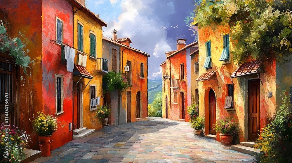 Fototapeta premium Painting of a street with colorful buildings and potted plants. AI Generated