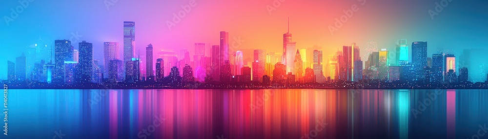 A vibrant city skyline illuminated with colorful lights reflecting on a calm water surface, creating a stunning visual effect at twilight. A vibrant city skyline illuminated with colorful lights reflecting on a calm water surface, creating a stunning visual effect at twilight.