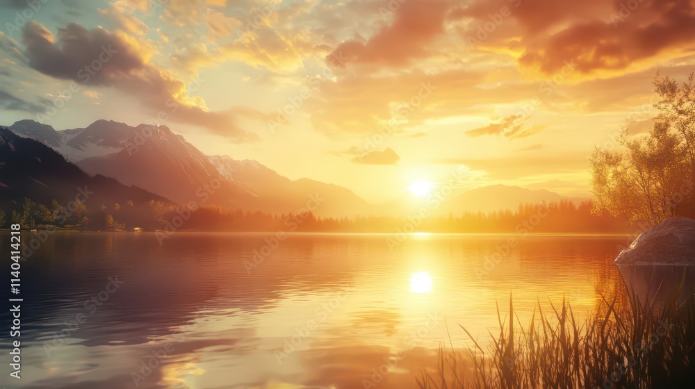 Fototapeta premium Tranquil Sunset Over Serene Lake and Mountains
