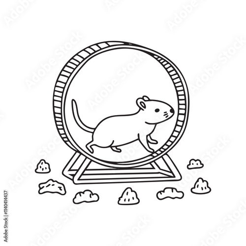 Doodle illustration of a playful gerbil running inside its cage with scattered food nearby