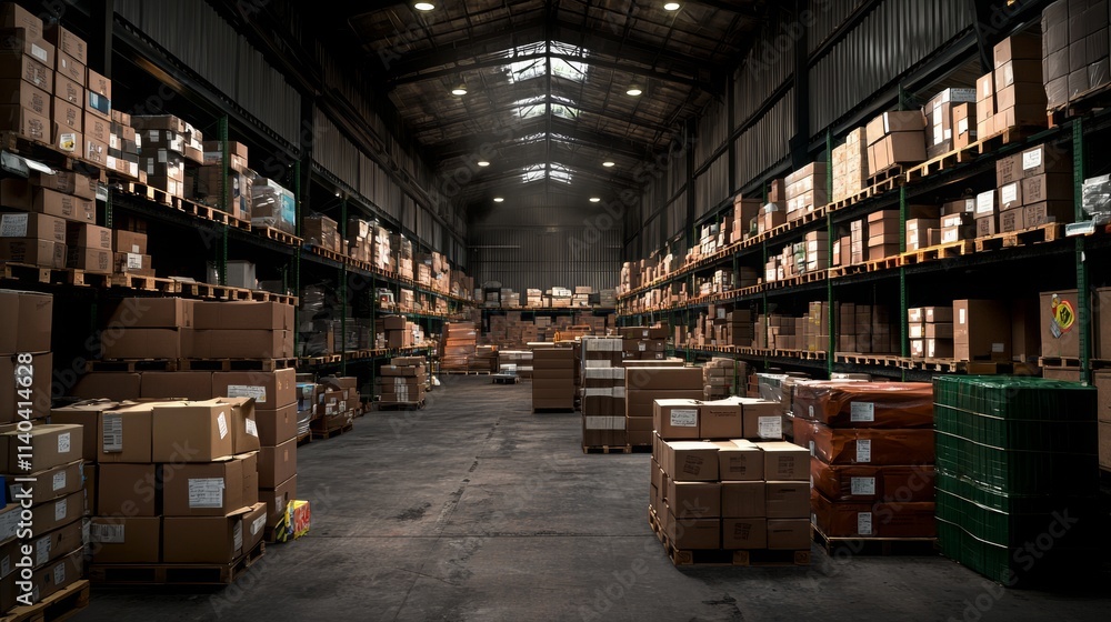 Spacious warehouse interior filled with neatly stacked boxes and pallets, showcasing efficient storage solutions and organized inventory management in a commercial environment Spacious warehouse interior filled with neatly stacked boxes and pallets, showcasing efficient storage solutions and organized inventory management in a commercial environment
