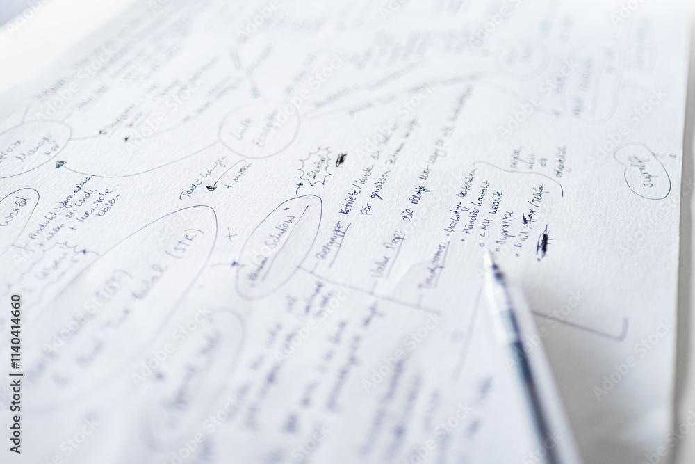 Close-Up of Handwritten Notes on Paper with Pen Annotated for Planning Close-Up of Handwritten Notes on Paper with Pen Annotated for Planning