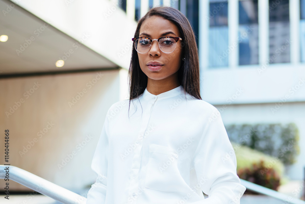 Half length portrait of confident successful african american female employee in white shirt holding smartphone and folder with documents in hands while smiling at camera standing near office building