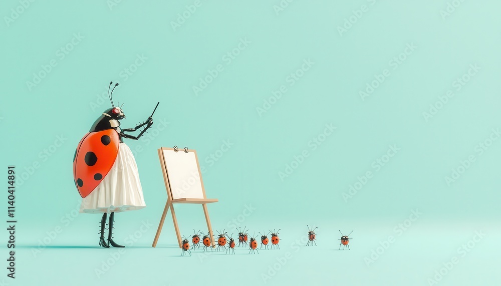 Fototapeta premium Ladybug Teacher at Classroom with Blank Canvas and Class of Ladybug Students on Light Green Background