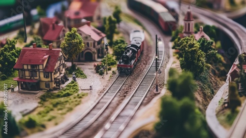 A detailed model railway setup, Tracks and trains meticulously placed in a miniature town, Vintage hobbyist style photo