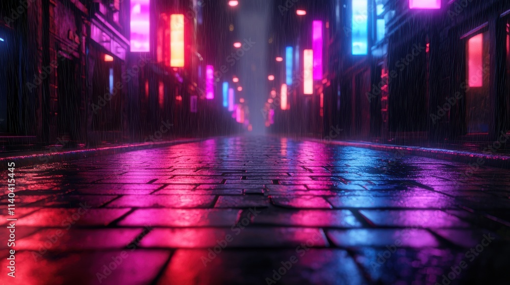 A neon-lit alleyway reflects colorful lights on wet cobblestones, creating a moody, atmospheric scene.