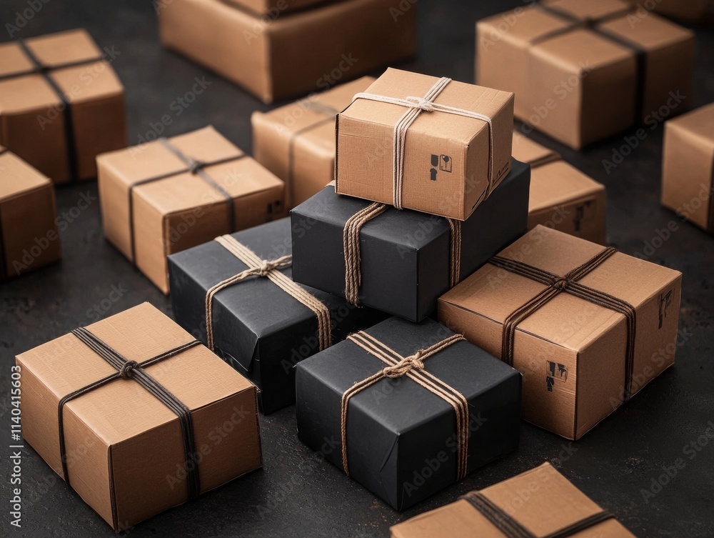 Assorted Wrapped Cardboard Boxes in Brown and Black Colors Piled Together on a Dark Surface for Packaging and Shipping Concepts Assorted Wrapped Cardboard Boxes in Brown and Black Colors Piled Together on a Dark Surface for Packaging and Shipping Concepts