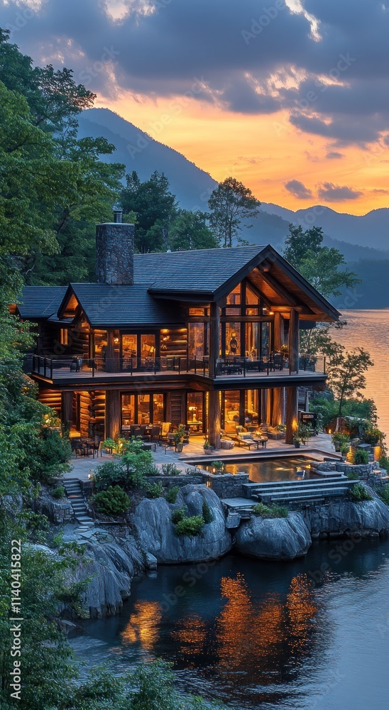Fototapeta premium Lakeside luxury cabin at sunset, glowing warmly.