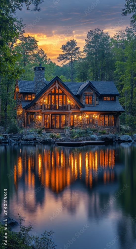 Lakeside log cabin at sunset, reflecting in calm water. Lakeside log cabin at sunset, reflecting in calm water.
