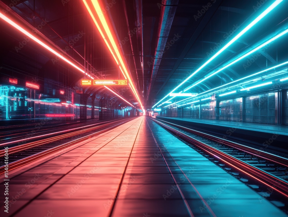 A vibrant, futuristic train station featuring illuminated tracks with dynamic blue and red lighting effects. A vibrant, futuristic train station featuring illuminated tracks with dynamic blue and red lighting effects.