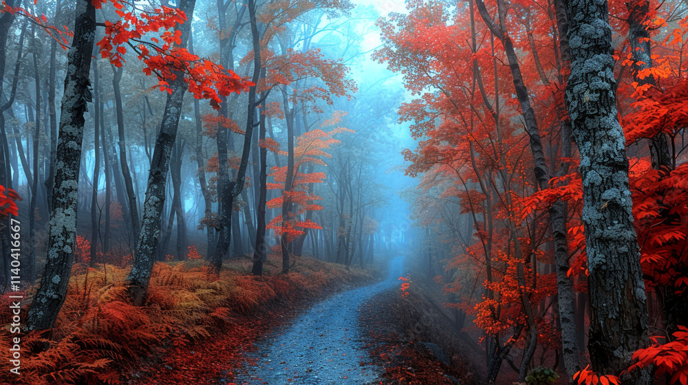 Obraz premium Mystical autumn forest bathed in blue fog, with a winding path through trees adorned with bright red and orange leaves. A serene and magical nature scene.