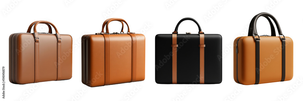 A collection of stylish, leather briefcases in various colors and designs, showcasing elegant handles and refined detailing. A collection of stylish, leather briefcases in various colors and designs, showcasing elegant handles and refined detailing.