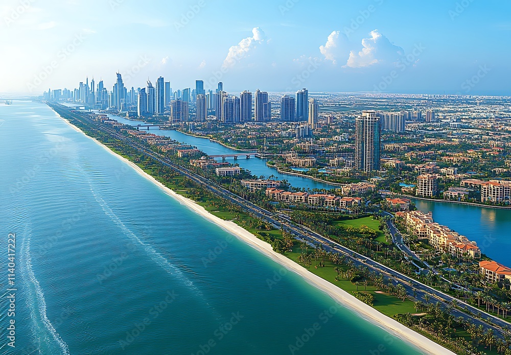 Obraz premium Aerial View of Coastal Cityscape with Beach and Skyscrapers