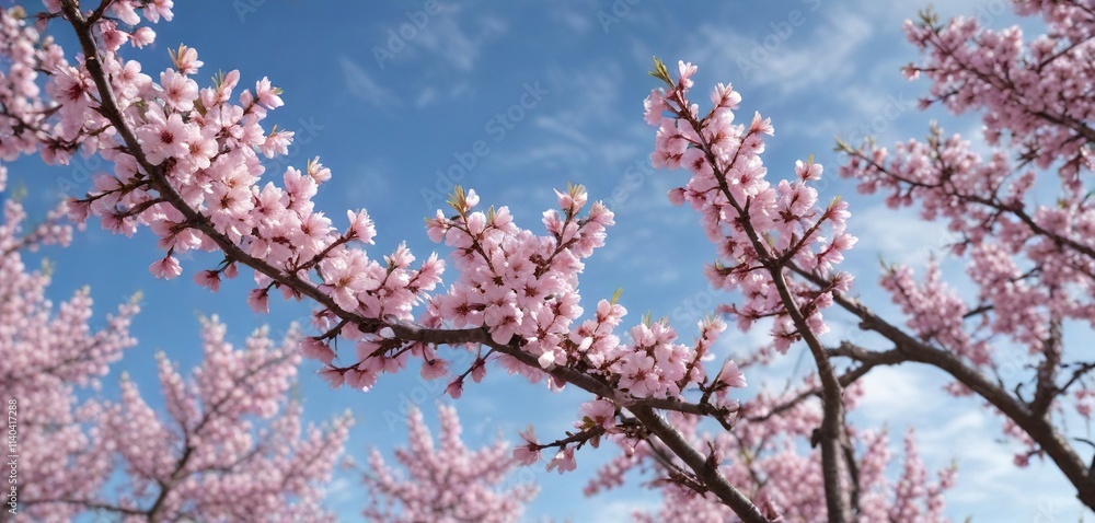 Blooming almond trees with pink and white flowers against a blue sky , blossom, nature, petals Blooming almond trees with pink and white flowers against a blue sky , blossom, nature, petals