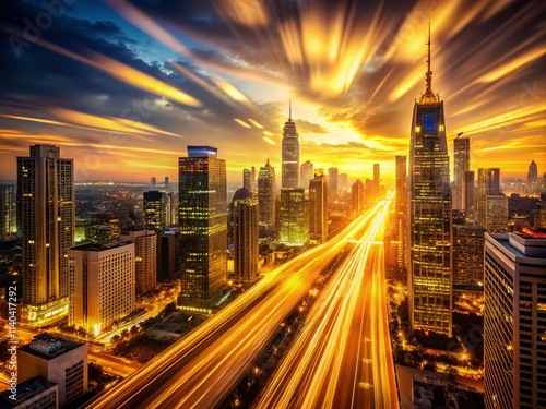 Golden Cityscape Long Exposure Photography, Night City Lights, Urban Photography, Glowing City, City at Night, Long Exposure Photography, City Lights, Urban Nightscape, 