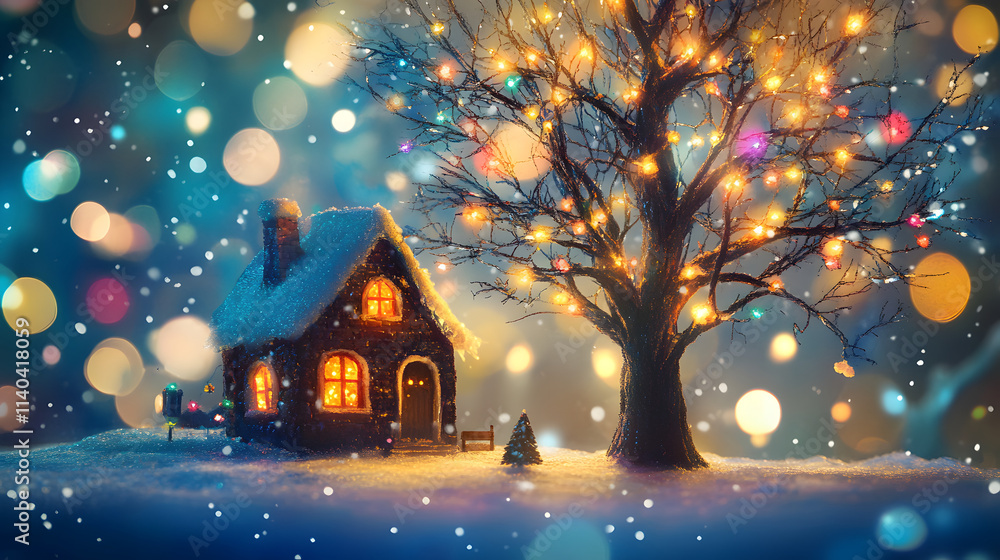 Naklejka premium Charming Whimsical Tree Drawing with Colorful Bokeh Lights Next to a Warm Inviting House Crafting a Delightful Winter Scene Full of Happiness and Magic